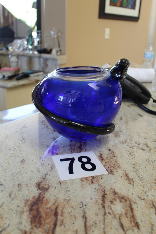 *SOLD* Hand-formed Blue Glass Vase with Black Snake motif
